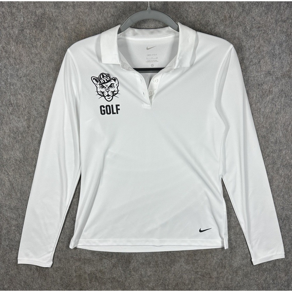 Nike BYU Cougars Golf Polo Womens S White Dri-FIT Long Sleeve NCAA